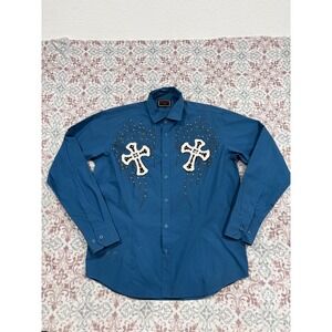 Patroncito USA Mens Blue Cross Wing Rhinestone Button Down Western Shirt Large